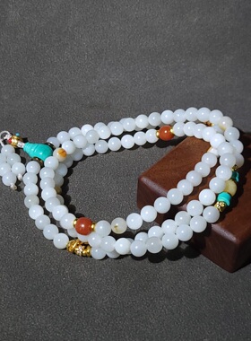 C031801新疆的猫42克明亮糯白搭配贵气的白玉籽料108项链