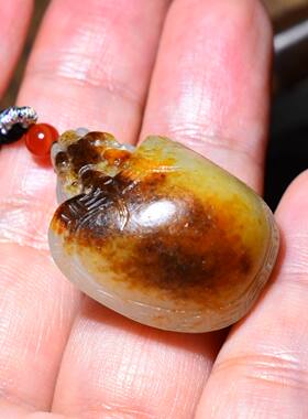 SBH415新疆的猫15克红褐皮顶细白玉籽料苏工“龙龟”挂件