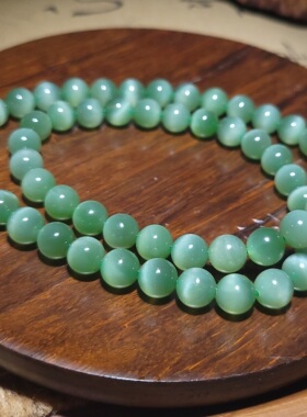 YQ122508 48.5克，直径8mm和田玉粉青荧光猫眼圆珠项链 新疆的猫