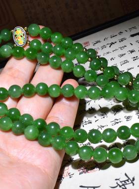 SBH404新疆的猫89.1克，8mm老坑俄碧阳绿108圆珠项链和田玉
