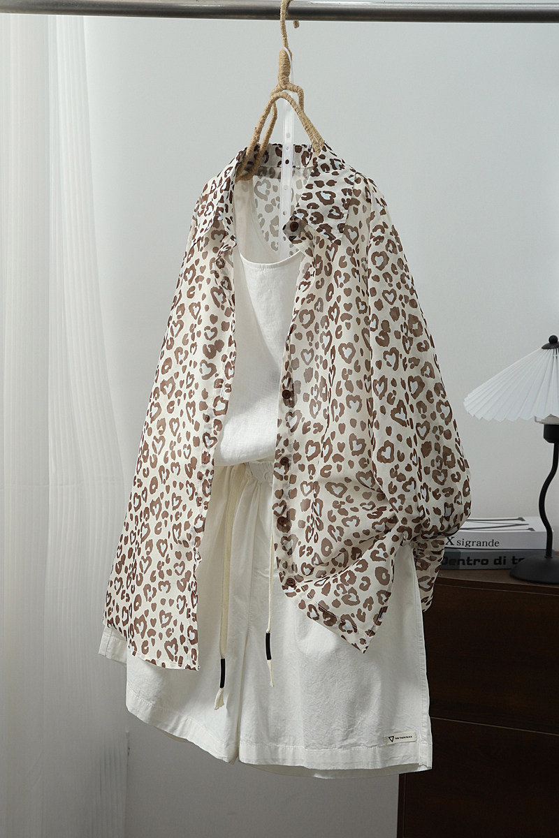 琴川谷夏季薄款宽松型单排扣豹纹雪纺防晒衣翻领长袖衬衫空调衫女