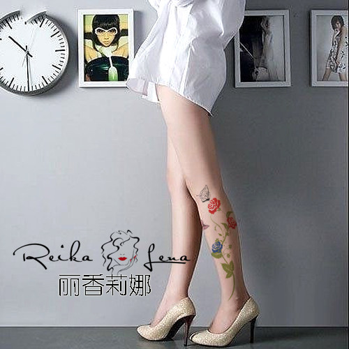 丝袜 彩色花朵蝴蝶刺青袜 假纹身丝袜 清新裤袜