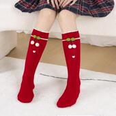 女童长筒小腿袜纯棉蝴蝶结喜庆过年红袜子中大童抗起球洛丽塔袜子