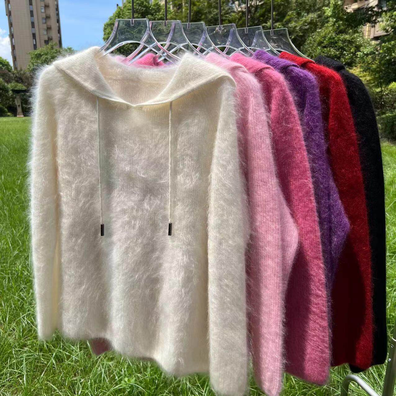 【100%拉毛绒山羊绒】秋季新款纯色拉毛连帽衫女士羊绒衫