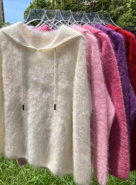 【100%拉毛绒山羊绒】秋季新款纯色拉毛连帽衫女士羊绒衫