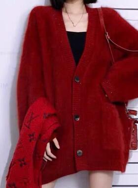 【繁星】100%山羊绒拉毛绒秋冬新款V领慵懒风亮片长款女士开衫