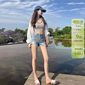 女 无弹力两粒扣辣妹热裤 强力显腿长2026夏季 显瘦高腰a字牛仔短裤