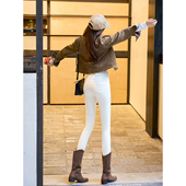 提臀瘦腰高腰牛仔裤 紧身显瘦丰臀八分小脚铅笔裤 女米白色春季 新款