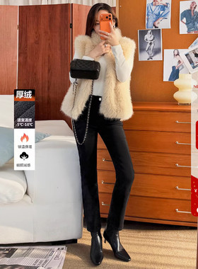 加厚绒纯黑色高腰直筒牛仔裤女修身显瘦提臀加绒保暖烟管裤子冬季