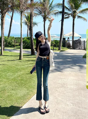 小个子两粒扣高腰微喇牛仔裤女春季新款修身显瘦蓝色八分喇叭裤子