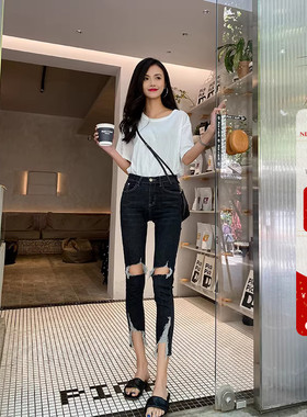 【新疆棉】黑色烂破洞牛仔裤女高腰2026夏季超薄款紧身显瘦小脚裤