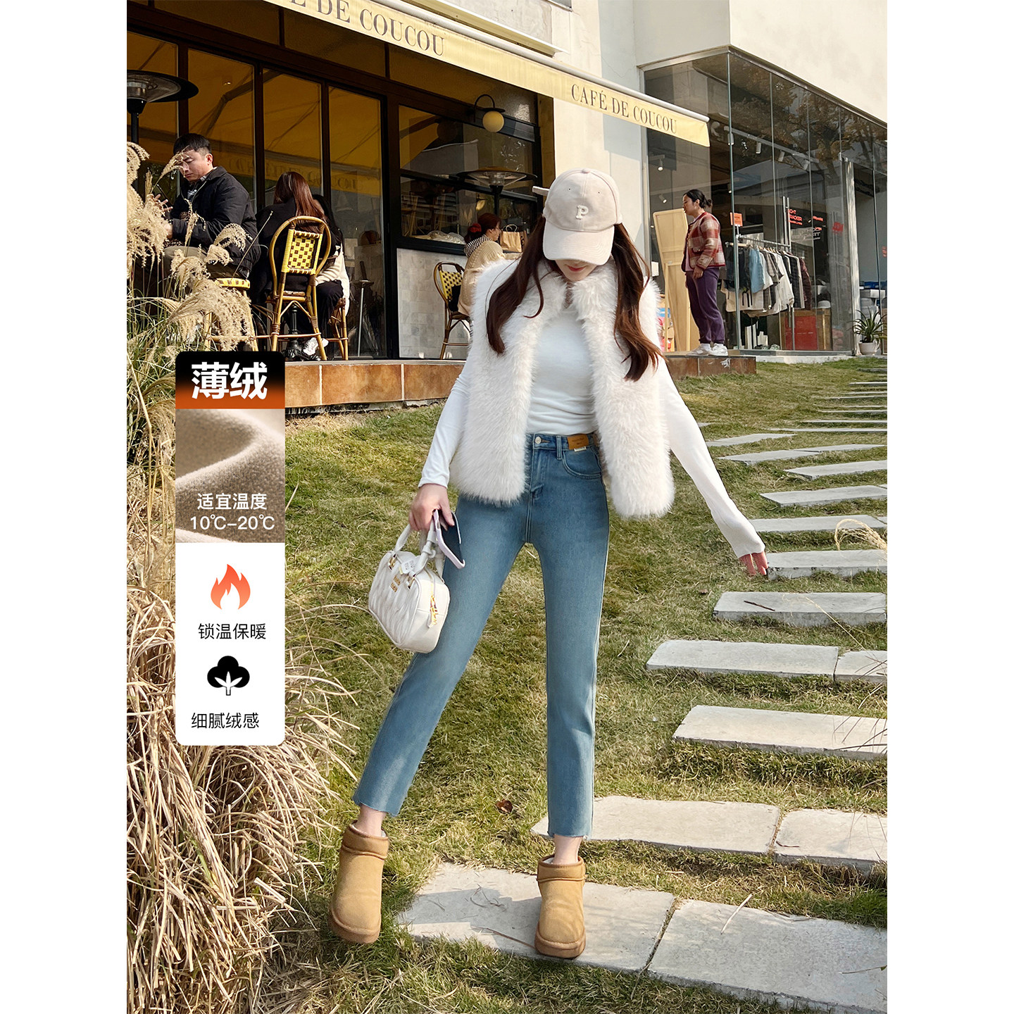轻暖薄绒~加绒高腰八分牛仔裤女冬季浅蓝色显瘦保暖小个子直筒裤