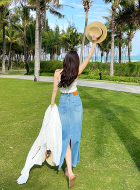 定制面料~后开叉高腰牛仔裙女春夏新款蓝色包臀显瘦A字中长裙子