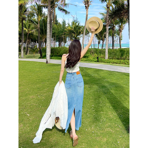 定制面料~后开叉高腰牛仔裙女春夏新款蓝色包臀显瘦A字中长裙子