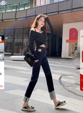 不掉色高腰新款翻边直筒牛仔裤女冬季加绒卷边小个子烟管裤长裤子