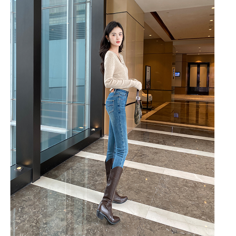 提臀显瘦~蓝色靴裤加绒小脚牛仔裤女紧身显瘦薄绒九分高腰铅笔裤