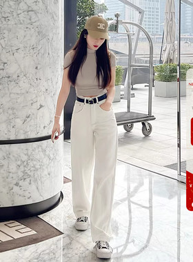 dcsh敲柔软加绒加厚高腰阔腿牛仔裤女保暖米白色宽松垂感直筒长裤