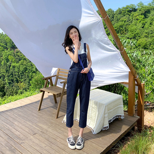 dcsh深蓝色高腰薄款 子 背带牛仔裤 女2025年春夏微胖专柜宽松连体裤