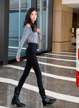 腰部有特点~纯黑色加绒保暖高腰牛仔裤女秋冬新款修身显瘦小脚裤