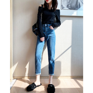 女加绒加厚保暖宽松高腰锥形老爹裤 深蓝色哈伦牛仔裤 子 新疆棉