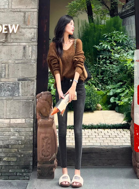 黑灰色靴裤高腰紧身小脚牛仔裤女九分春秋季修身显瘦弹力铅笔裤子