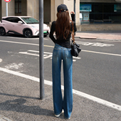 女显瘦百搭水洗直筒长裤 阔腿牛仔裤 深蓝色高腰窄版 垂顺显腿长秋季