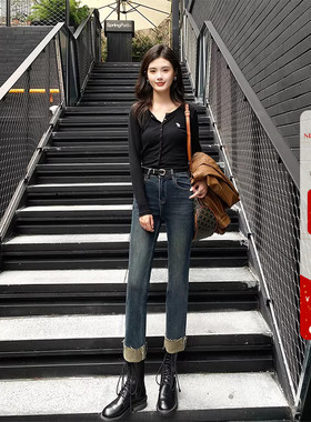 不挑身高~卷边高腰直筒牛仔裤女冬季新款小个子九分显瘦烟管裤子