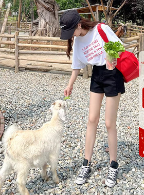 辣妹小蛮腰高腰收腹黑色牛仔短裤女夏季百搭宽松阔腿侧开叉热裤潮