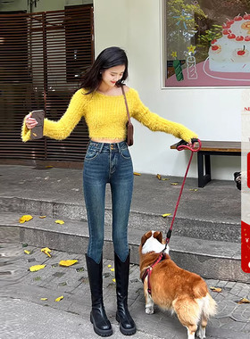 巨好穿~！复古色小脚牛仔裤女九分秋冬加绒两粒扣高腰巨显瘦靴裤