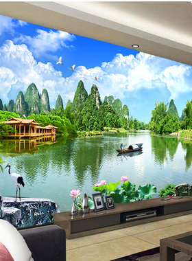 新中式风景墙纸18d电视背景墙国画山水墙布客厅影视装饰壁画定制