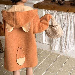 2025新款羊毛双面羊绒大衣男童女童儿童狐狸耳朵呢外套冬季中大童