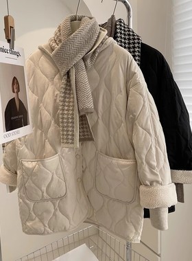 菱格小香风棉服女款2024新款冬季韩版宽松羊羔毛外套女加绒加厚