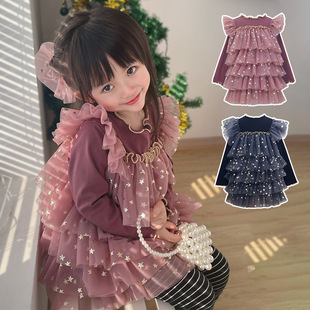 秋冬新款女童网纱蓬蓬裙闪亮星星公主风五层蛋糕连衣裙凸凸可爱