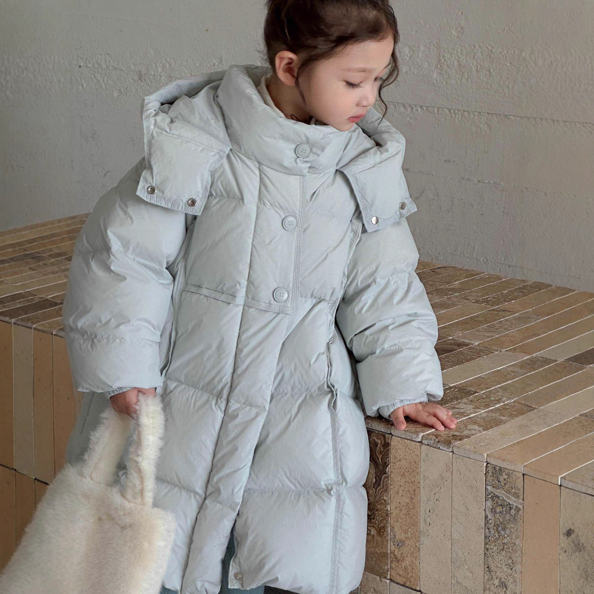 BO童装2025冬装新款韩系三防羽绒服女童长款国标90白鸭绒连帽潮款