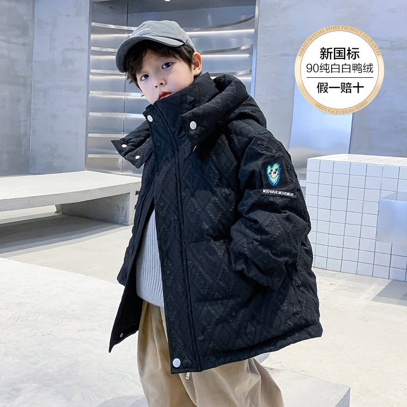 潮牌儿童黑色连帽羽绒服冬季2025新款男童加厚冬装大童白鸭绒外套