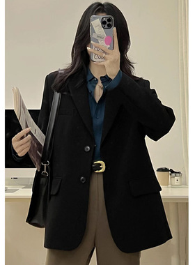 感黑色西装外套女2024年春秋新款韩版宽松小个子西服粉色上衣