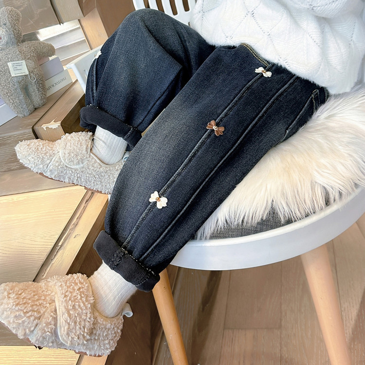 女童加绒裤子秋冬季2025新款洋气女宝冬装一体绒儿童牛仔老爹裤