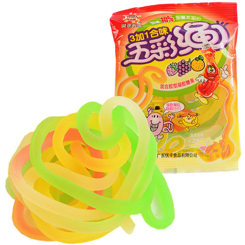8090后儿时小吃零食五彩绳混合胶型凝胶糖果12克整箱批发