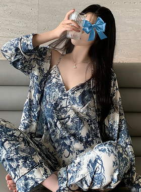 2602YangQi吊带睡衣女夏季家居服冰丝睡衣睡衣三件套睡衣冰丝