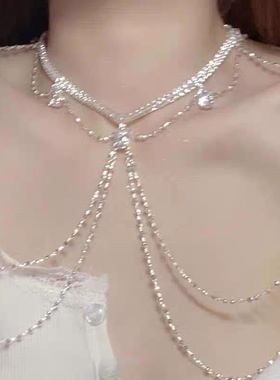 2512多层水滴流苏肩链项链轻奢复古异域新款锆石链条复古宫廷风