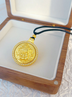 2511新中式国潮古法沙金镶钻黄财神吊坠男女款复古毛衣链轻奢小众