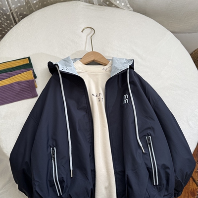 女童男童春款款童装 中大童刺绣连帽宽松版拼色拉链外套