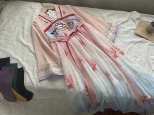 女童春款童装童裙 中童宝宝拼色长款薄款连衣裙 汉服