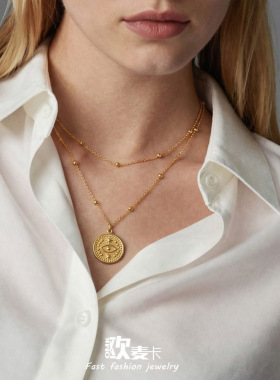 欧美ins简约设计恶魔之眼圆牌吊坠双层叠戴项链不锈钢镀18k金饰品