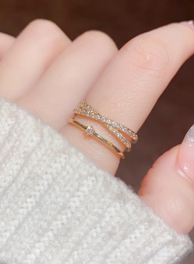 秋冬新款感锆石双层戒指设计轻奢冷淡风开口食指时尚个性指环