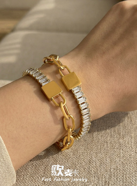 ins冷淡风锁头锆石拼接金属链条手链欧美小众轻奢时尚设计手饰品