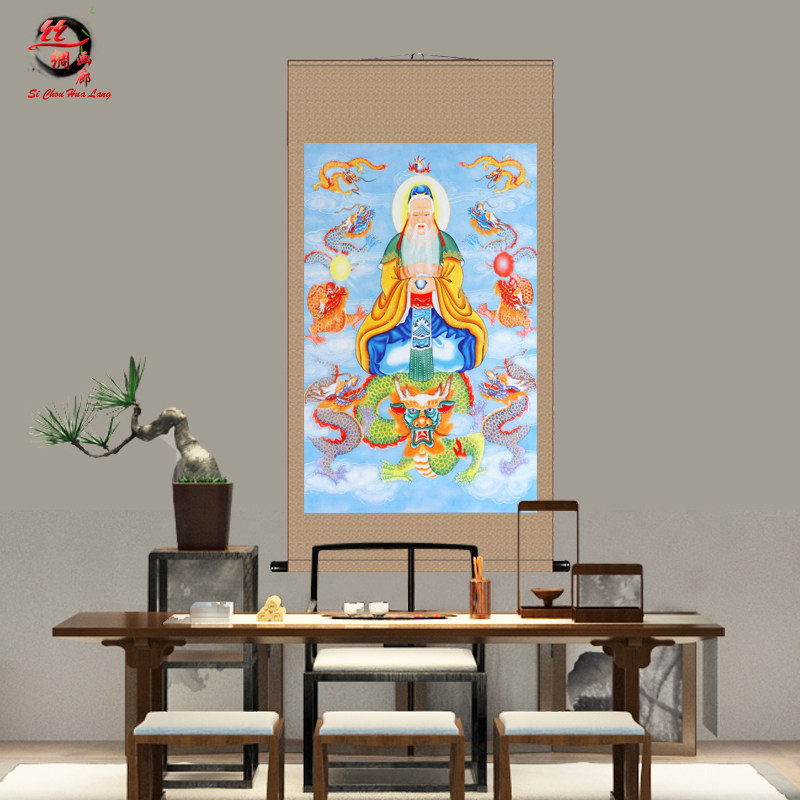 神像鸿钧老祖画像挂画众圣之师丝绸卷轴画鸿钧道人供奉客厅装饰画