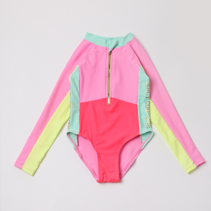 出口外贸女童连体泳衣新款时尚女宝宝糖果色游泳衣拼色高级感泳装
