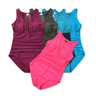 外贸女士连体泳衣性感露背拼接网纱成人抽褶遮肚泳装 纯色显瘦泳衣