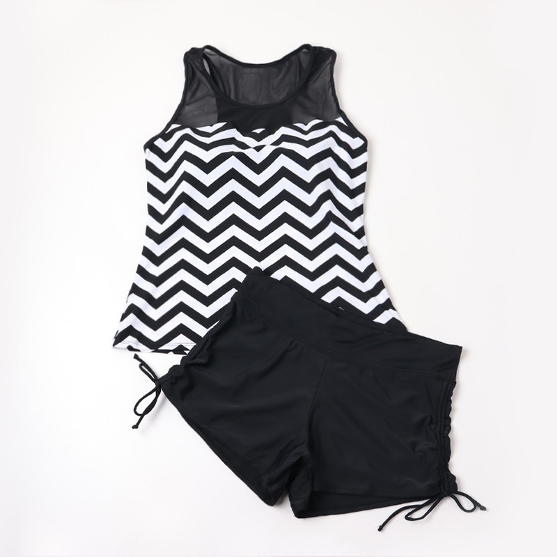 外贸新款女士分体泳衣气质斑马纹女款海边泳衣平角黑色泳裤两件套